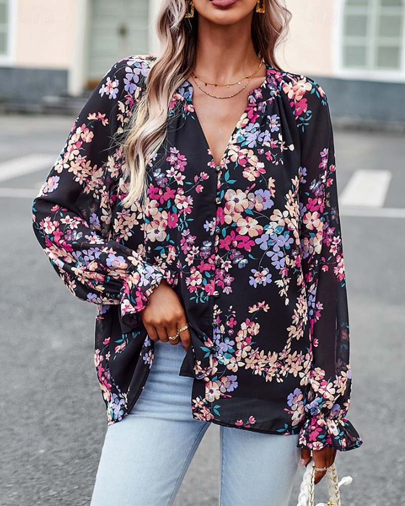 Femmes Chemise Bohème Chemisier Fleur Moderne Boho manche longue Col en V Hauts Réguliers Quotidien Sortir Imprimé Noir bleu marine Bleu Abricot Été de 2025 ? $26.99 –P9