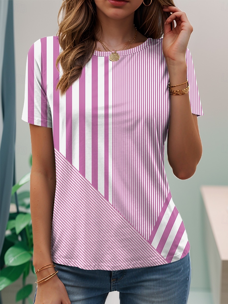 Dame T skjorte Grafisk Geometrisk Årgang Stilfull Klassisk Kortermet Crew-hals Vanlige topper Daglig Helg Strand Klær Trykt mønster Rosa Blå Lilla Grønn Grå Sommer Vår 2025 - $19.99 –P4
