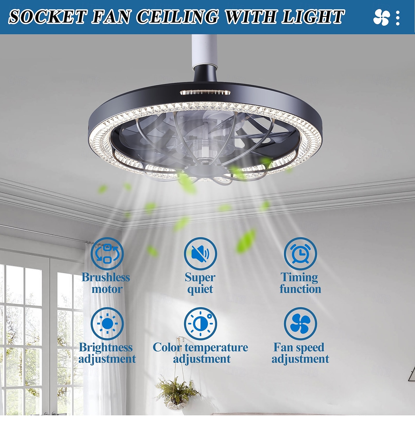 1 Pc E26/27 Socket Ceiling Fan Light Remote Control Three Color Adjustable Wind Speed Timing Adjustable Dining Room Bedroom Living Room Ceiling Fan Light 100-240v 2025 - $65.99 –P7