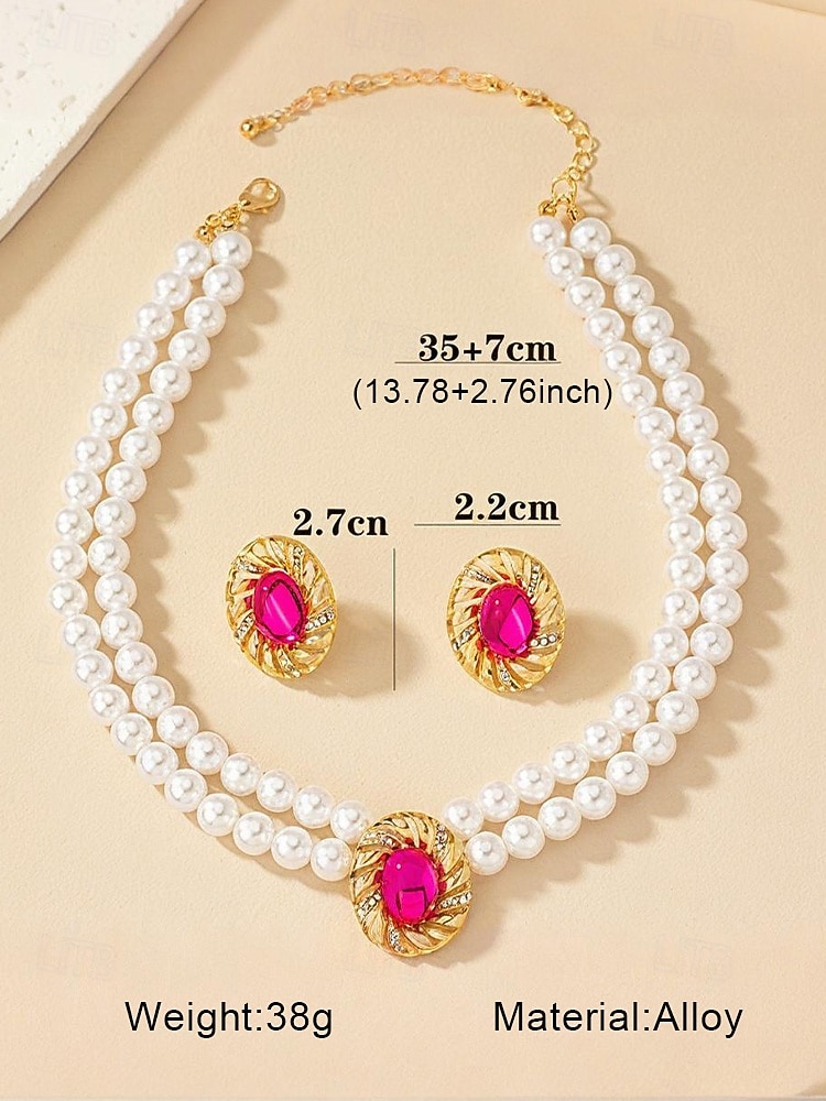Vintage parel choker ketting en oorbellen set voor dames – elegante dubbele streng kralen sieraden met gouden ovale accenten voor dames, ideaal voor bruiloften, feesten en formele gelegenheden 2026 - $14.99 –P7