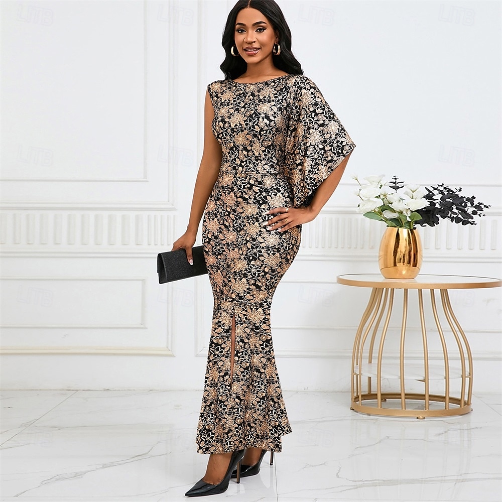 Kleid Mutter der Braut Kleid Elegantes Boot-Ausschnitt Bodenlänges Spitzen Kurzarm mit Pailletten 2025 - $49.99 –P4