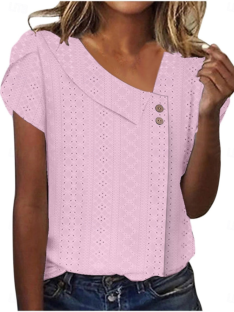 Tricou pentru Femei Culoare Uniformă Simplă Modă Stilat Modern Mâneci Scurte Gât în V Ținute Zilnice Weekend Butoni Ochii Alb Galben Roz Albastru Violet Vară 2025 - $17.99 –P5