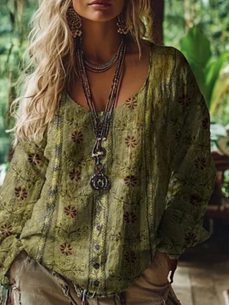 Bluză western pentru femei, cămașă boho, bluză cu imprimeu floral, modern, casual, mânecă lungă, decolteu în V, topuri obișnuite, zilnic, vacanță, ieșiri în oraș, imprimeu, verde deschis, roz, albastru, violet, verde, vară, toamnă 2025 - $19.99 –P3