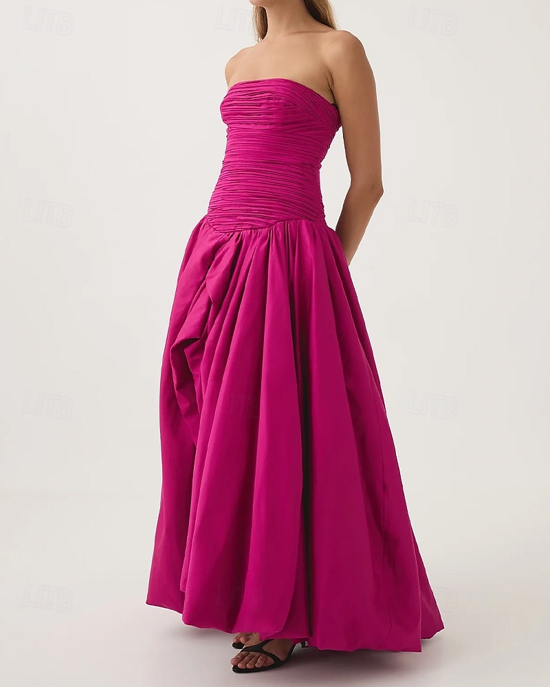 Pinkes A-Linien-Abendkleid, Bubble-Kleid, formelles, halbformelles Hochzeitskleid, bodenlang, ärmellos, trägerlos, Taft mit gerüschtem Schlitz, 2025 2025 - €136.99 –P3