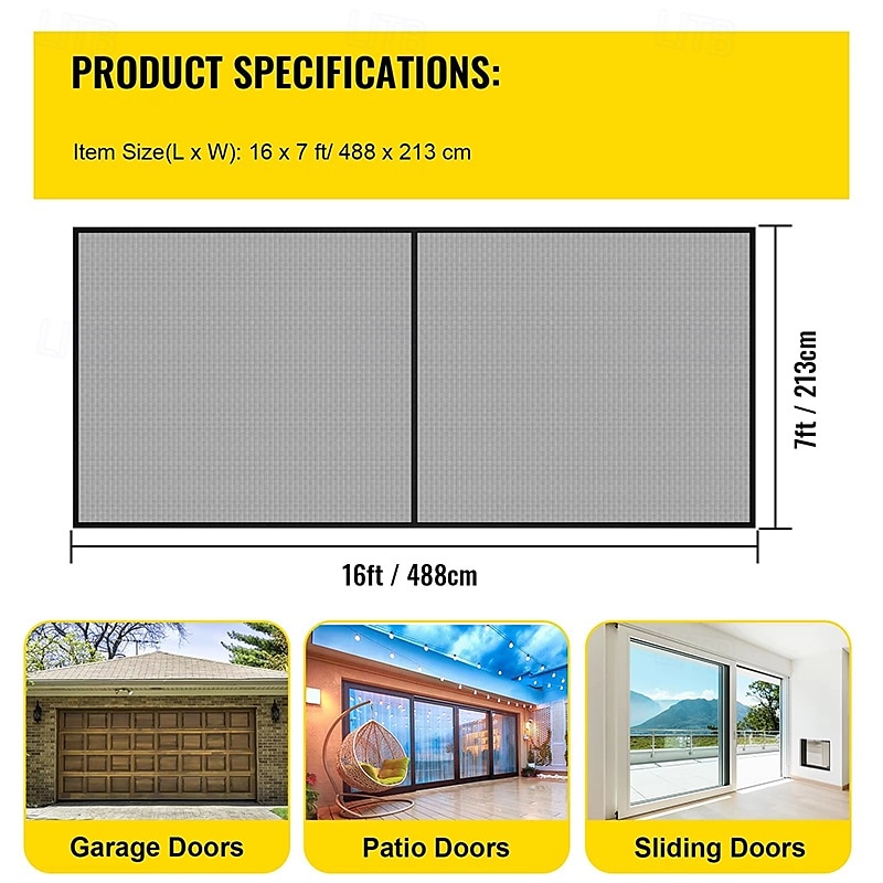2026年 ガレージドアスクリーン 488 x 213 cm / 16 x 7フィート 2台用 頑丈なグラスファイバーメッシュで素早い出入りが可能 セルフシールマグネット式 引き込み式  コレクション – $71.99 –P7