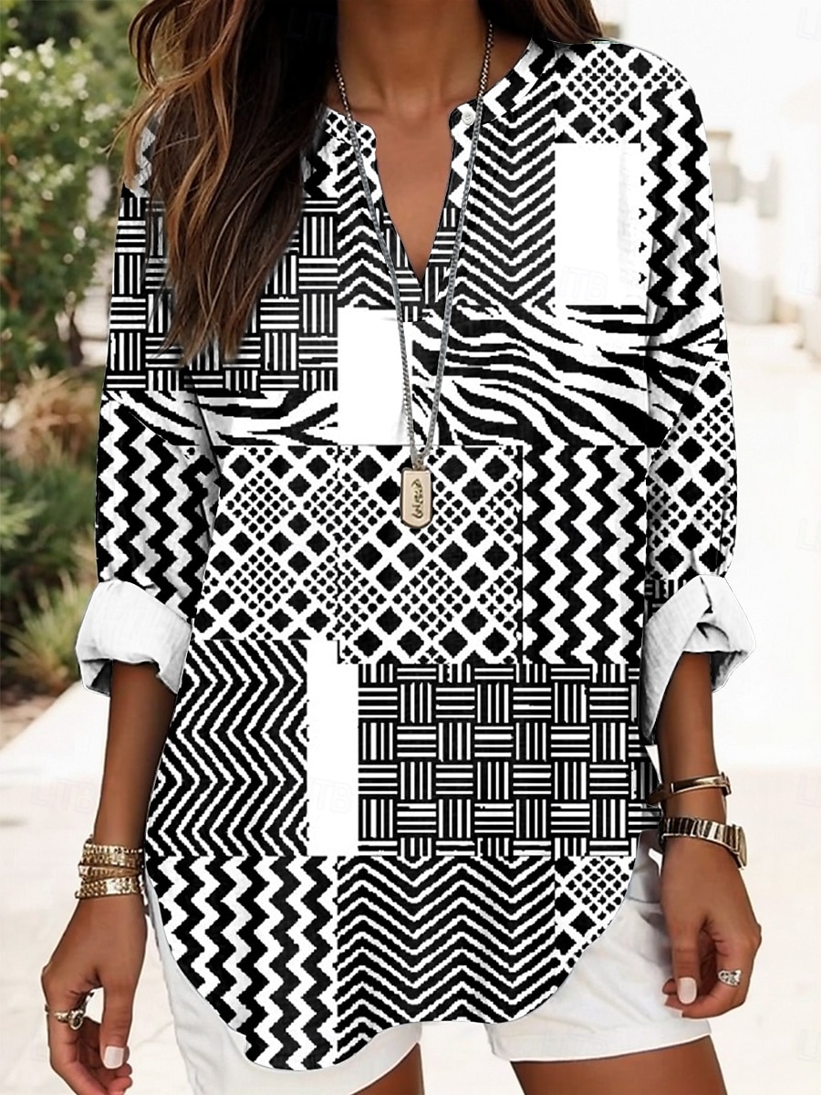 Women's Shirt Cotton Linen Shirt Blouse Graphic Striped Daily Hawaiian Business Long Sleeve V Neck Regular Tops Work Daily Holiday Buttons Print Black Blue Green Light Blue Summer Spring 2025 - $24.99 –P4