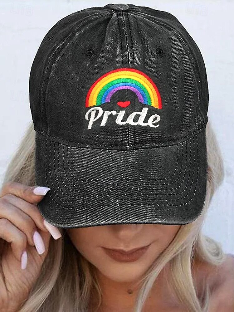 Casquette de baseball LGBTQ en denim vieilli pour femme avec arc-en-ciel et cœurs brodés - Casquette de baseball ajustable pour les défilés de la fierté, les festivals et les tenues décontractées de 2025 ? $11.99 –P1