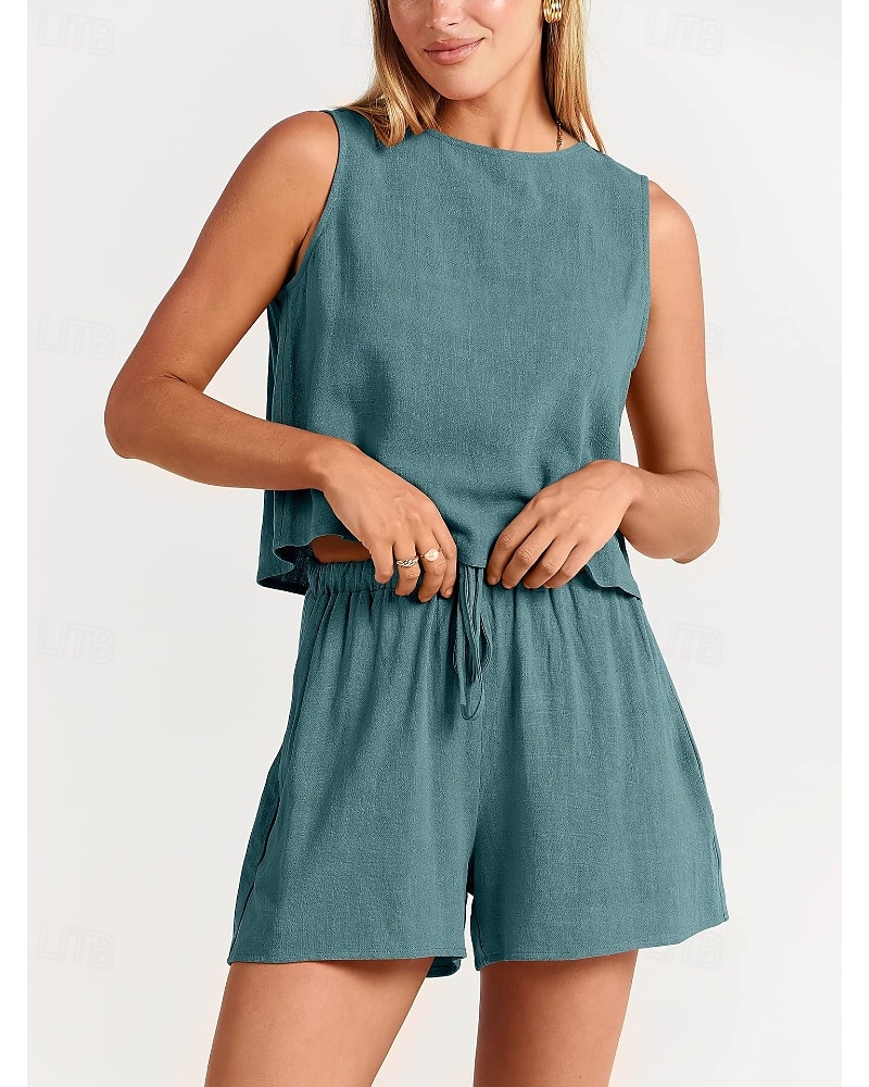 Damen Aktiv Basic Baumwoll-Leinen-Sets Bluse Shorts-Sets Ärmellos Rundhalsausschnitt Einfarbig Kordelzug Ausgehen Wochenende Schwarz Blau Orange Sommer Normale Passform 2025 - NZ $63.49 –P14