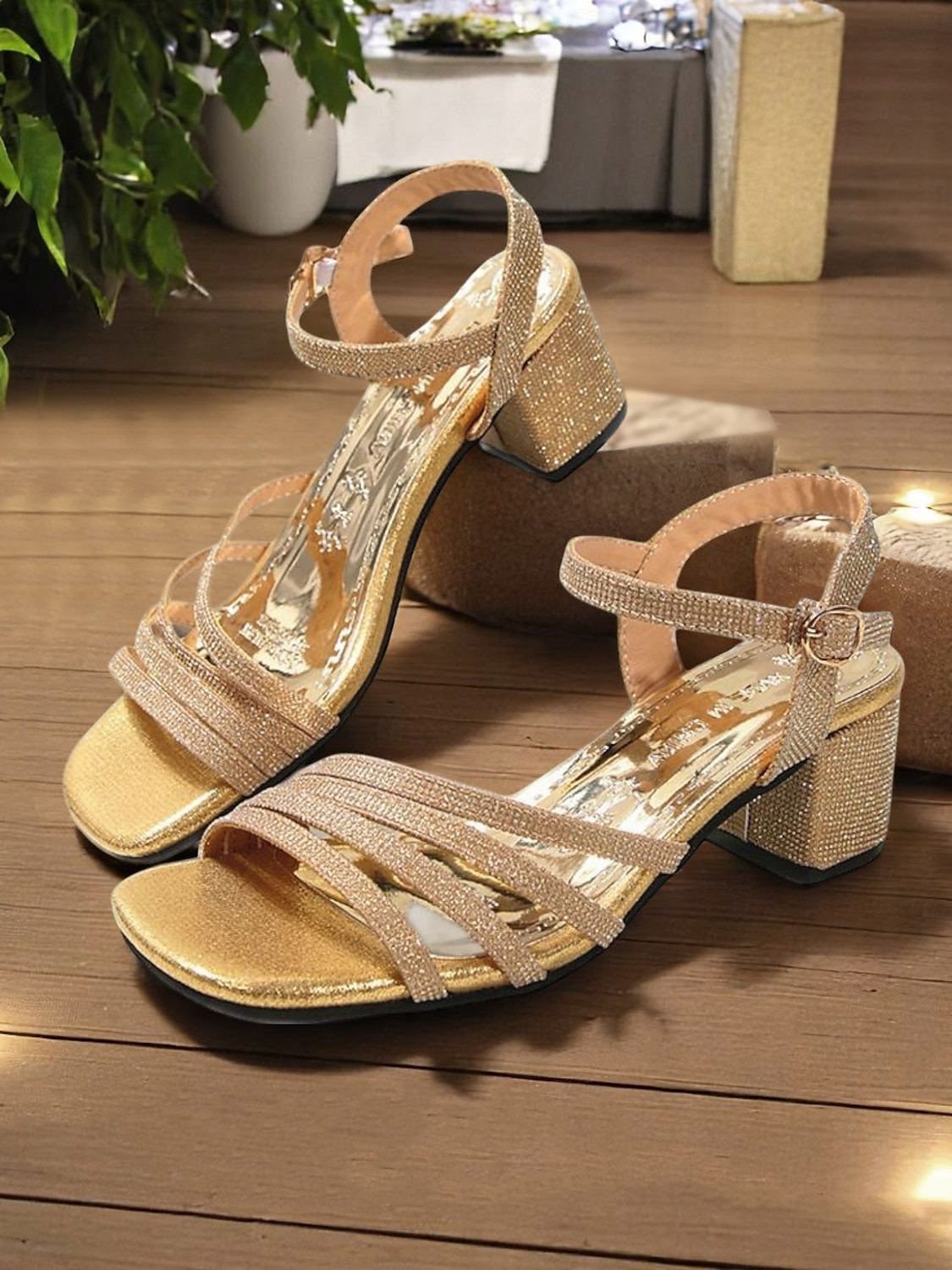 Women's Gold Strappy Block Heel Sandals - Rhinestone Ankle Strap Open Toe Heels for Nightlife Parties and Evening Glam Looks 2025 - $29.99 –P1