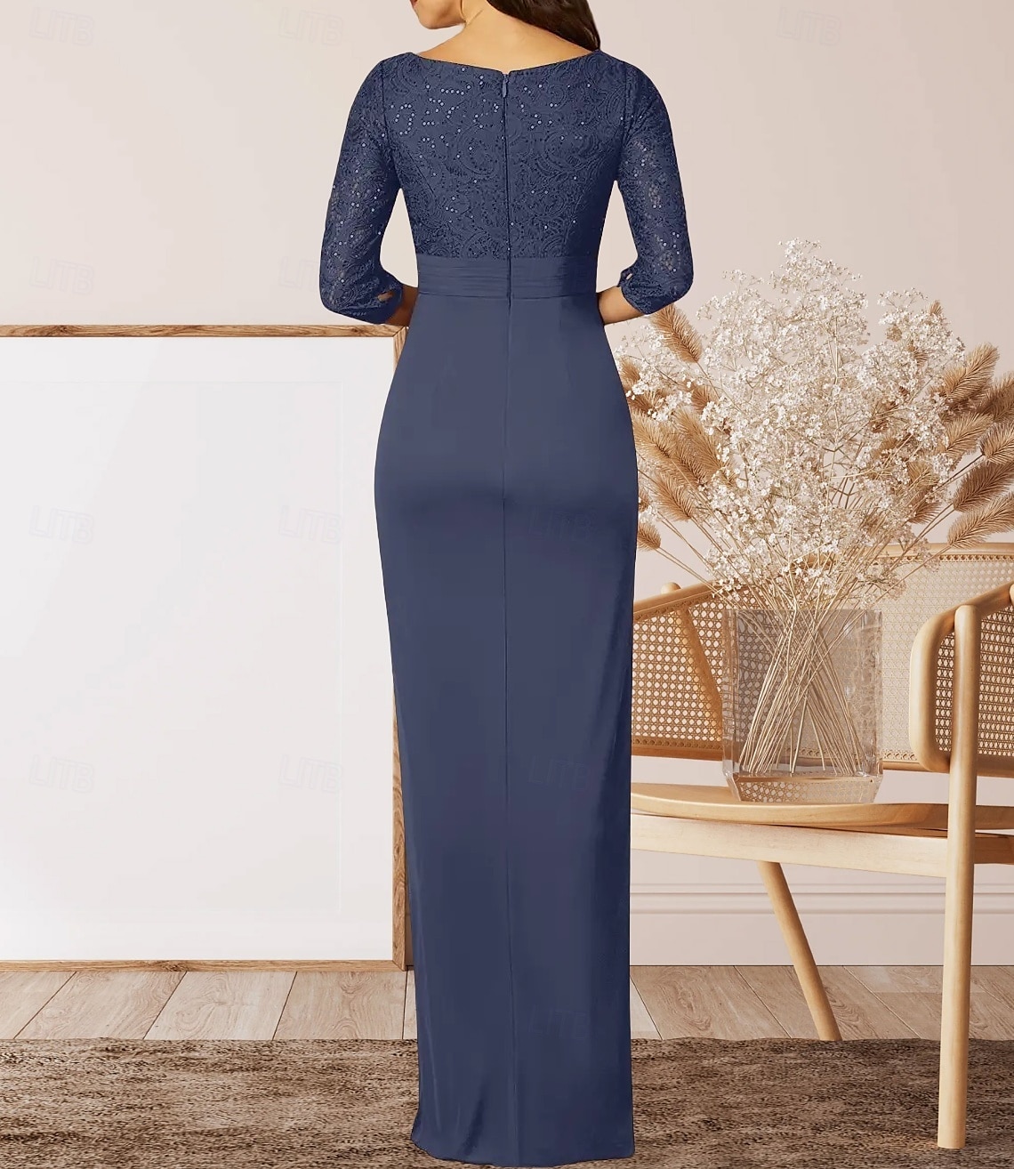 Mermaid / Trumpet Mother of the Bride Dress Wedding Guest Elegant Sparkle & Shine Crew Neck Floor Length Chiffon Lace 3/4 Length Sleeve with Lace Ruffles Split Front 2025 - $164.99 –P4