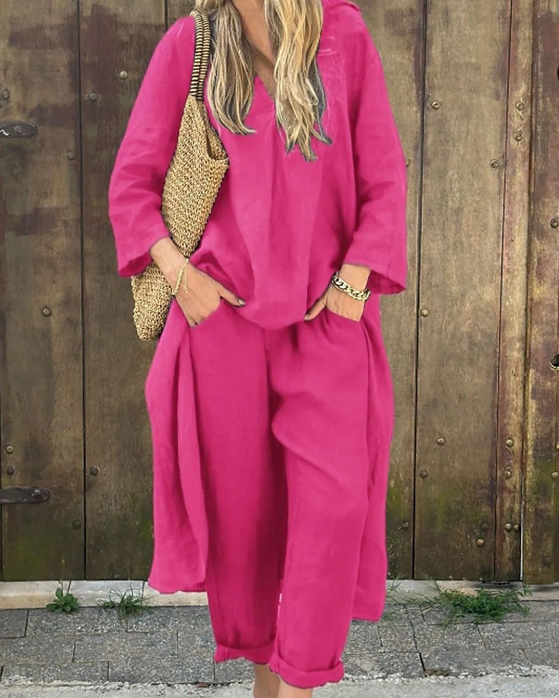Femmes Actif Chemises en coton et lin Chemisier Ensembles de Pantalons manche longue Col en V Couleur Unie Fête Week-end Noir Blanche Jaune Été Coupe régulière de 2025 ? $37.99 –P8