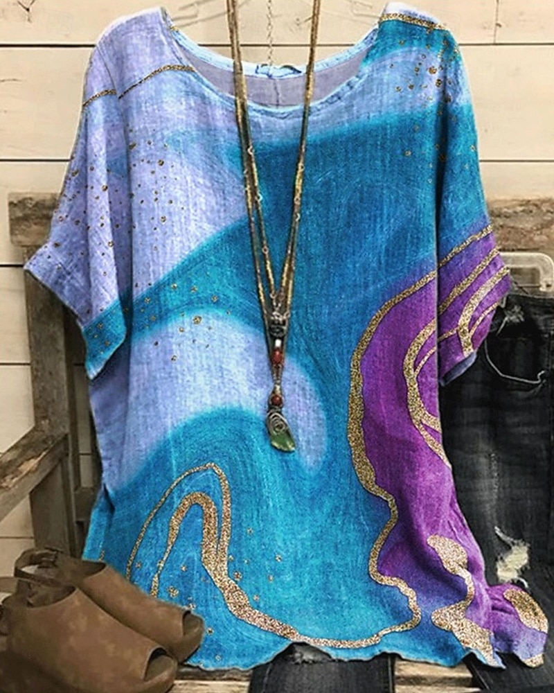 Femmes Chemise T-shirt Imprimé Élégant Mode Moderne Manche Courte Col ras du cou Hauts Réguliers Quotidien Week-end Blanche Jaune Bleu Violet Parme Été de 2025 ? $16.99 –P1