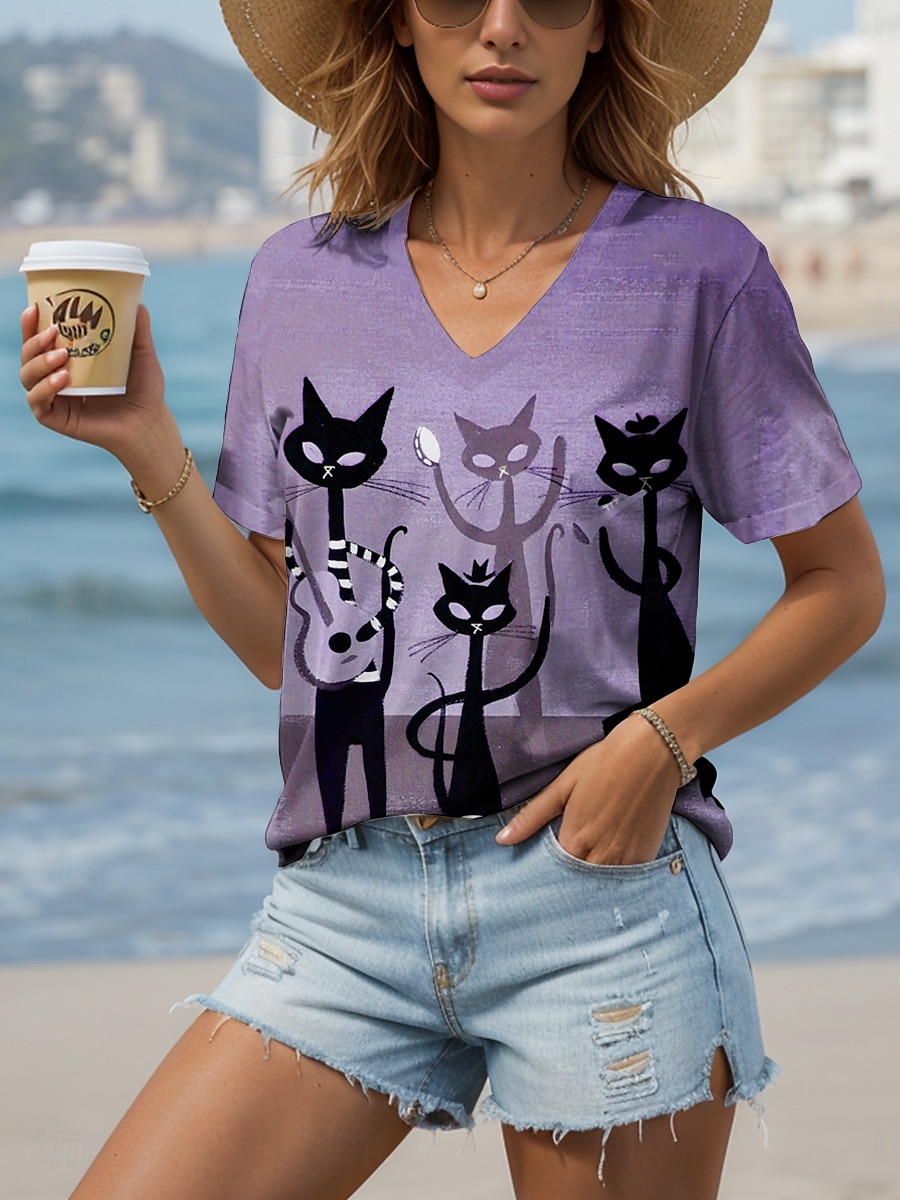 Femmes T-shirt Graphique Animal Chat ancien Élégant Classique Manche Courte Col en V Hauts Réguliers Quotidien Imprimé Rose poussiéreuse Marron clair Bleu Violet Vert Été Printemps de 2025 ? $19.99 –P7