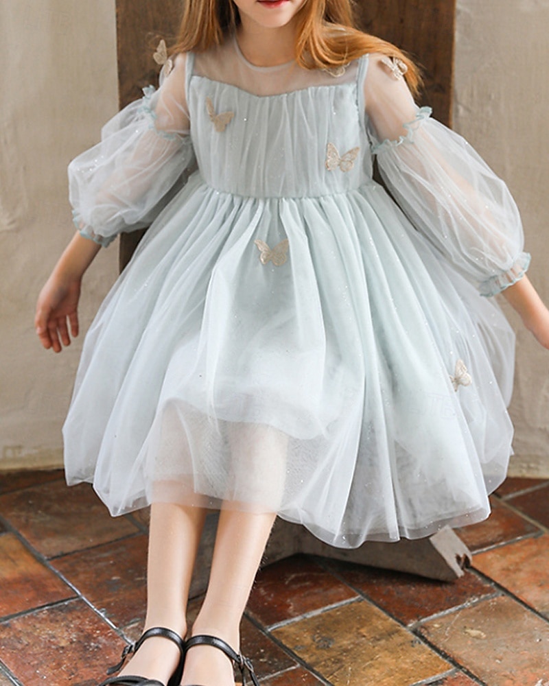 Enfants Fille Robe Couleur Unie Manche 3/4 Extérieur Maille Adorable Coton Mi-long Robe Décontractée Robe en Tulle Été 4 ans et + Bleu Ciel de 2025 ? $77.99 –P6