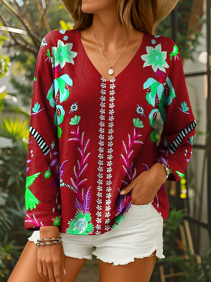 Dame Bluse Blomstret Grafisk Stilfull Fritid Langermet V-hals Vanlige topper Daglig Rød Blå Lilla Grønn Sommer Vår 2025 - $24.99 –P5