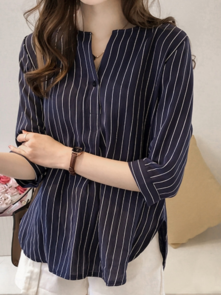 Femmes Chemise Rayé Élégant Occasionnel Manche 3/4 Col ras du cou Hauts Réguliers Quotidien Boutons Imprimé Blanche Rose Claire bleu marine Bleu clair Été de 2025 ? $17.99 –P6