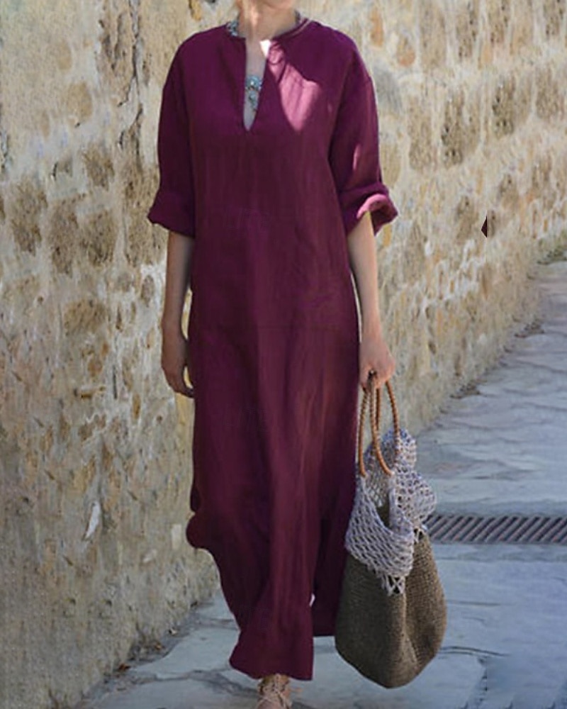 Damen Langes Kleid Maxikleid Baumwoll-Leinenkleid Klassisch Modern Urlaub Täglich Ferien Normale Passform Einfach Halbarm V Ausschnitt Schwarz Weiß Wein Dunkelgray Sommer 2025 - $28.99 –P7