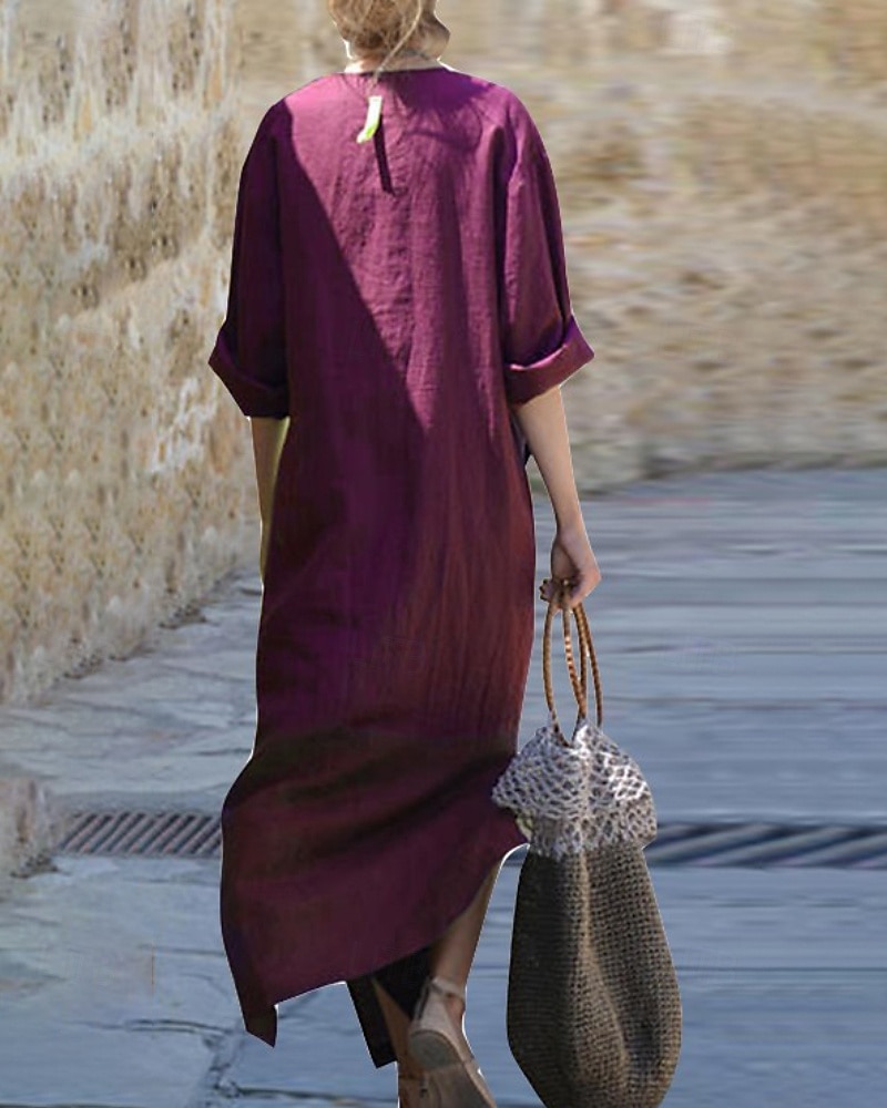 Damen Langes Kleid Maxikleid Baumwoll-Leinenkleid Klassisch Modern Urlaub Täglich Ferien Normale Passform Einfach Halbarm V Ausschnitt Schwarz Weiß Wein Dunkelgray Sommer 2025 - $28.99 –P8