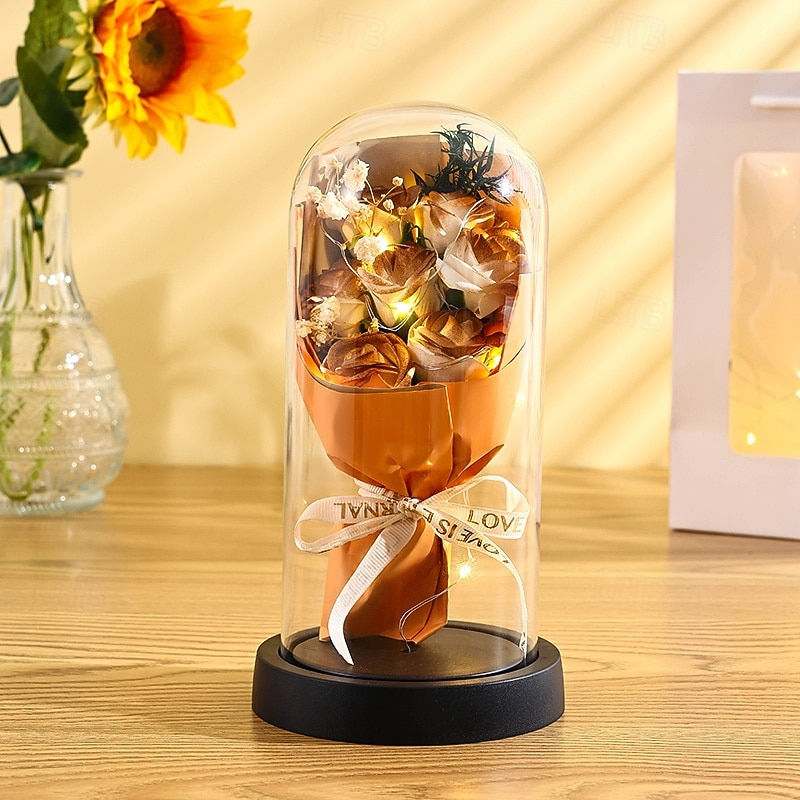 El ramo de rosas eternas, regalo para mamá, flores de jabón preservadas en cúpula de vidrio con luz, decoración de cumpleaños del día de la madre para mujeres 2026 - $15.99 –P20