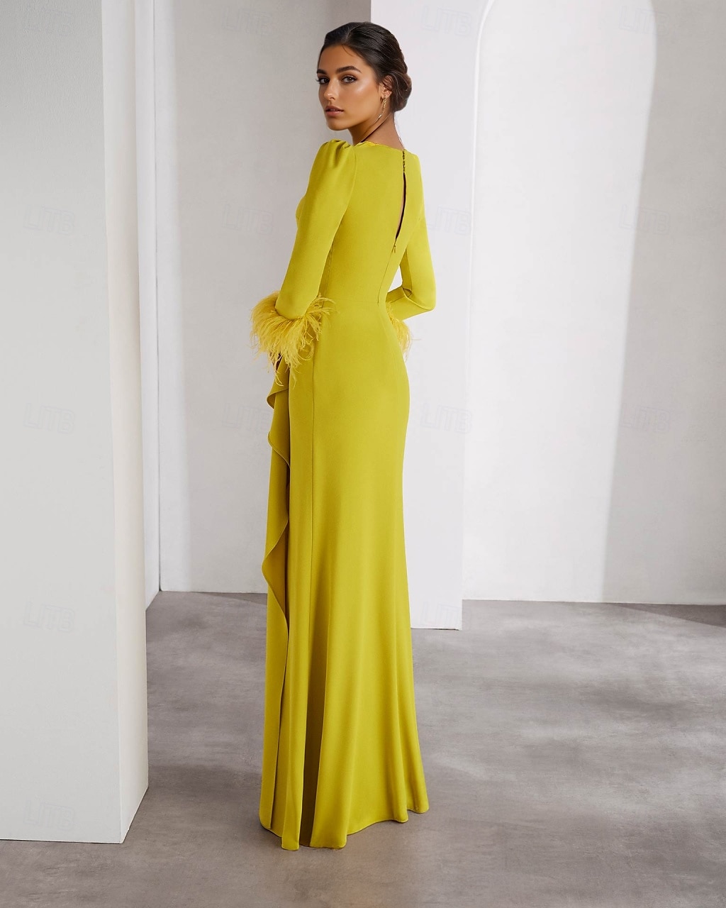 Abito da sera con colonna di piume, in crêpe elasticizzato, elegante, formale, da sposa, lungo fino al pavimento, manica lunga, scollo rotondo, staccabile, 2025 del 2025 a $149.99 –P2
