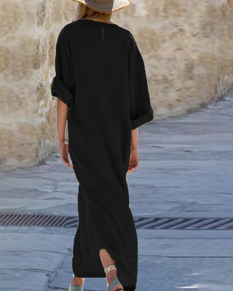 Damen Langes Kleid Maxikleid Baumwoll-Leinenkleid Klassisch Modern Urlaub Täglich Ferien Normale Passform Einfach Halbarm V Ausschnitt Schwarz Weiß Wein Dunkelgray Sommer 2025 - $28.99 –P4