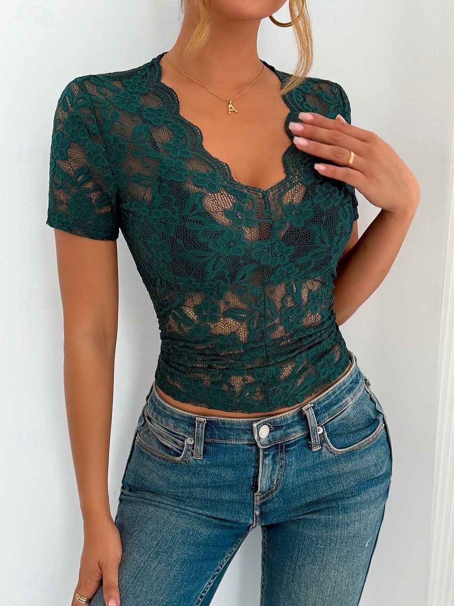 Blouse en dentelle pour femmes tops à couleur unie élégant décontracté manches courtes col en V tops réguliers quotidiens patchwork en dentelle noir blanc vert été printemps de 2025 ? $22.99 –P1