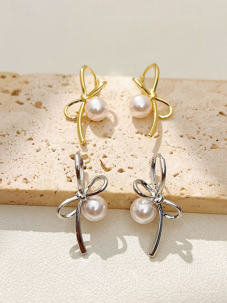 Women's Elegant Bow Knot Pearl Drop Earrings – Dainty Gold or Silver Plated Studs for Romantic Dates, Weddings and Daily Wear 2025 - $11.99 –P6