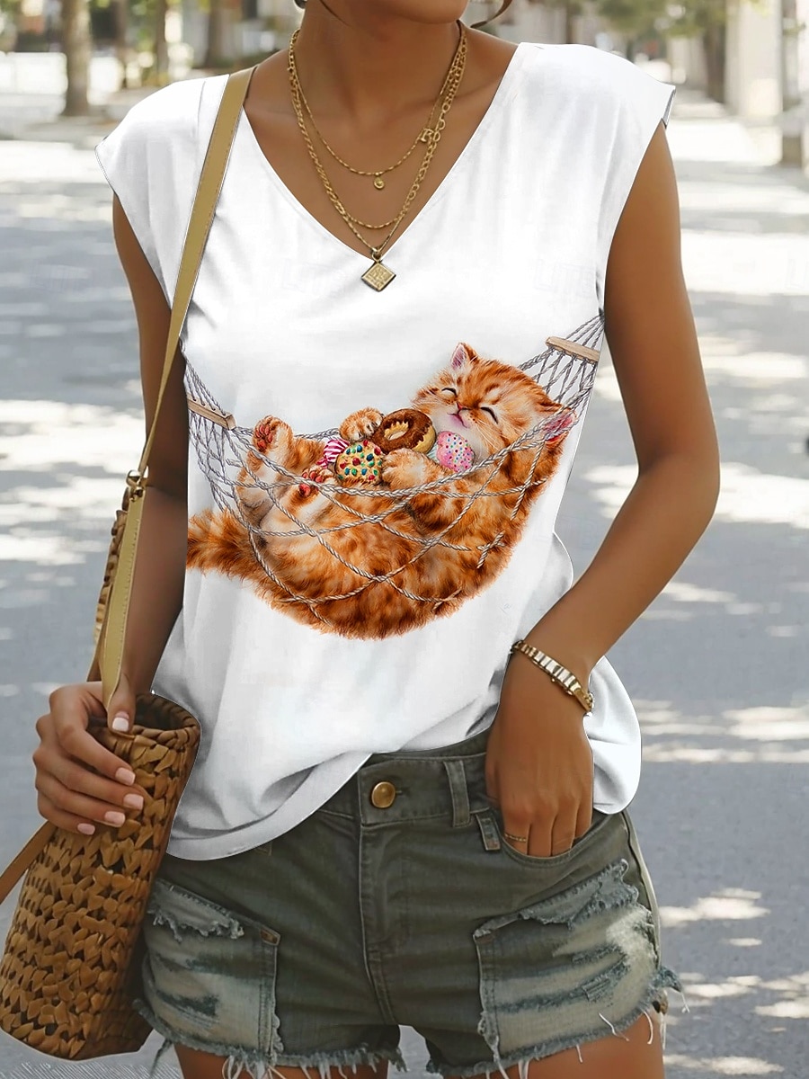 Canotta da donna Kayomi Harai, grafica, animale, gatto, elegante, classica, casual, senza maniche, scollo a V, top normali, quotidiano, stampa, nero, bianco, giallo, estate, primavera del 2025 a $17.99 –P5