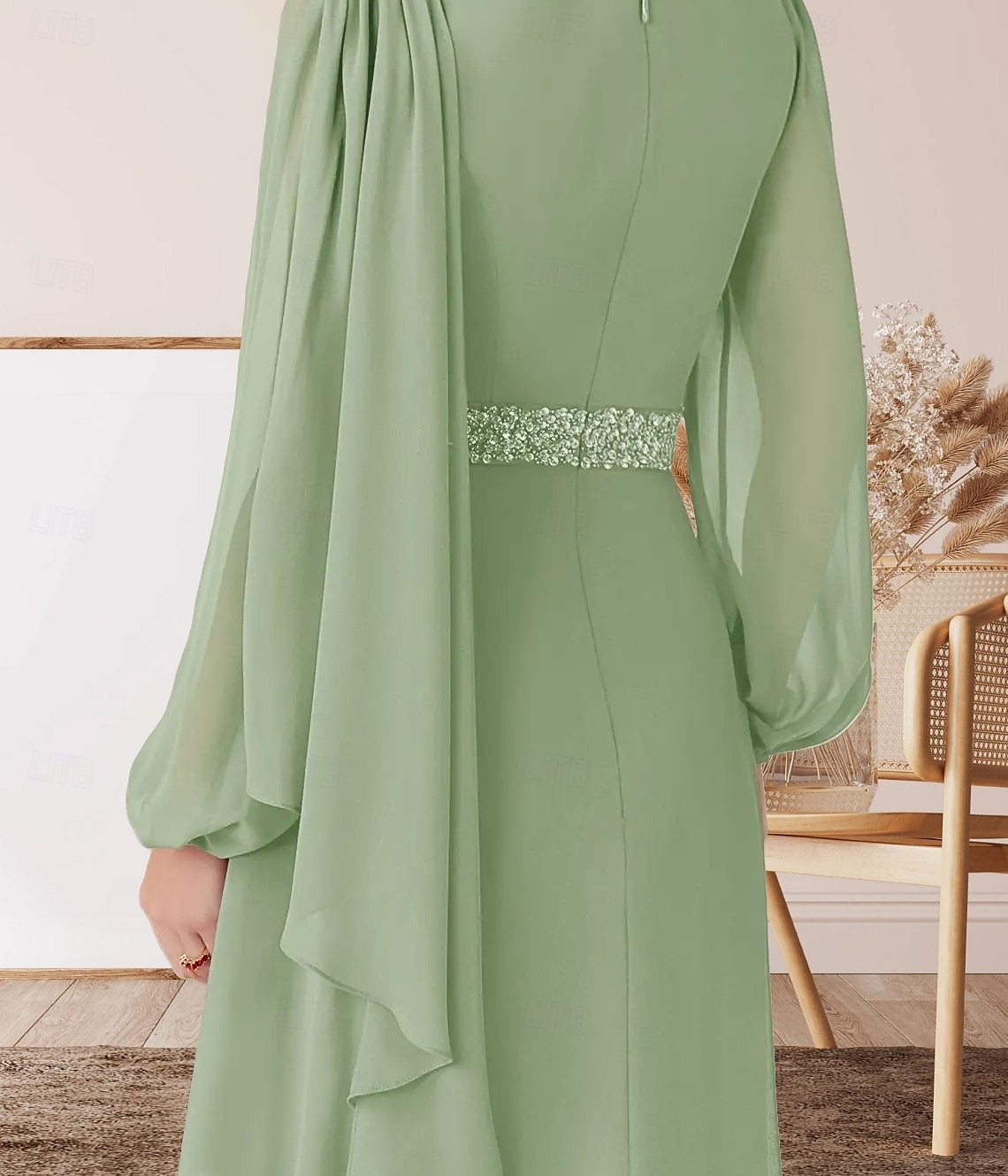 Robe A-Ligne pour Mère de la Mariée Invité de Mariage Élégante Col Arrondi Longueur Sol Chiffon Manches Longues avec Perles Ruché de 2025 ? $161.99 –P4