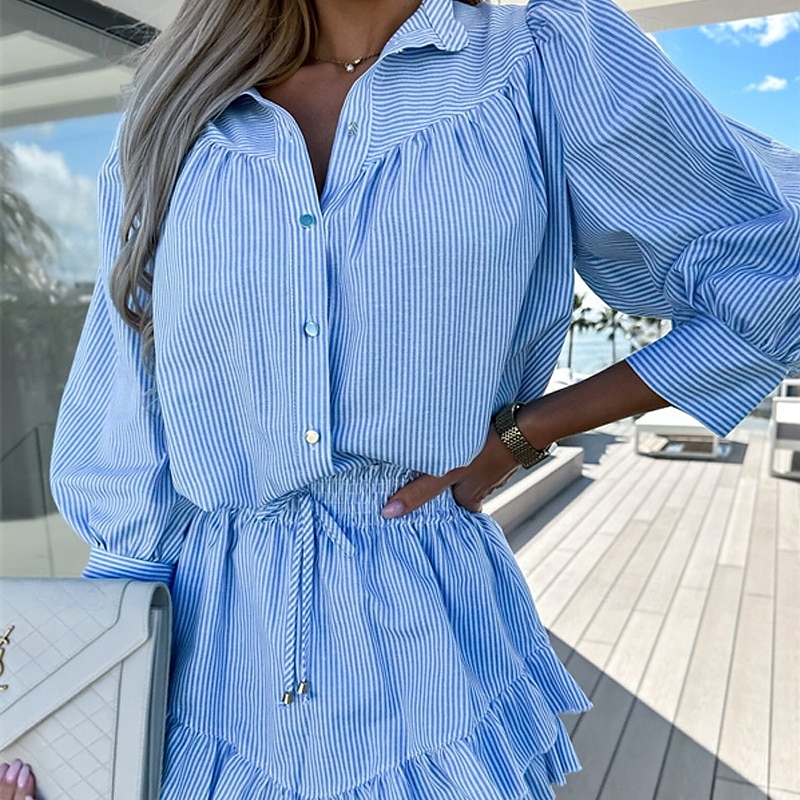 Mulheres Moda Roupa de rua Camisas de algodão e linho Conjuntos de linho de algodão Conjuntos de shorts Manga Longa Colarinho de Camisa Listrado Imprimir Roupa Diária Encontro Rosa Azul Cinzento Verão de 2025 por $27.99 –P4