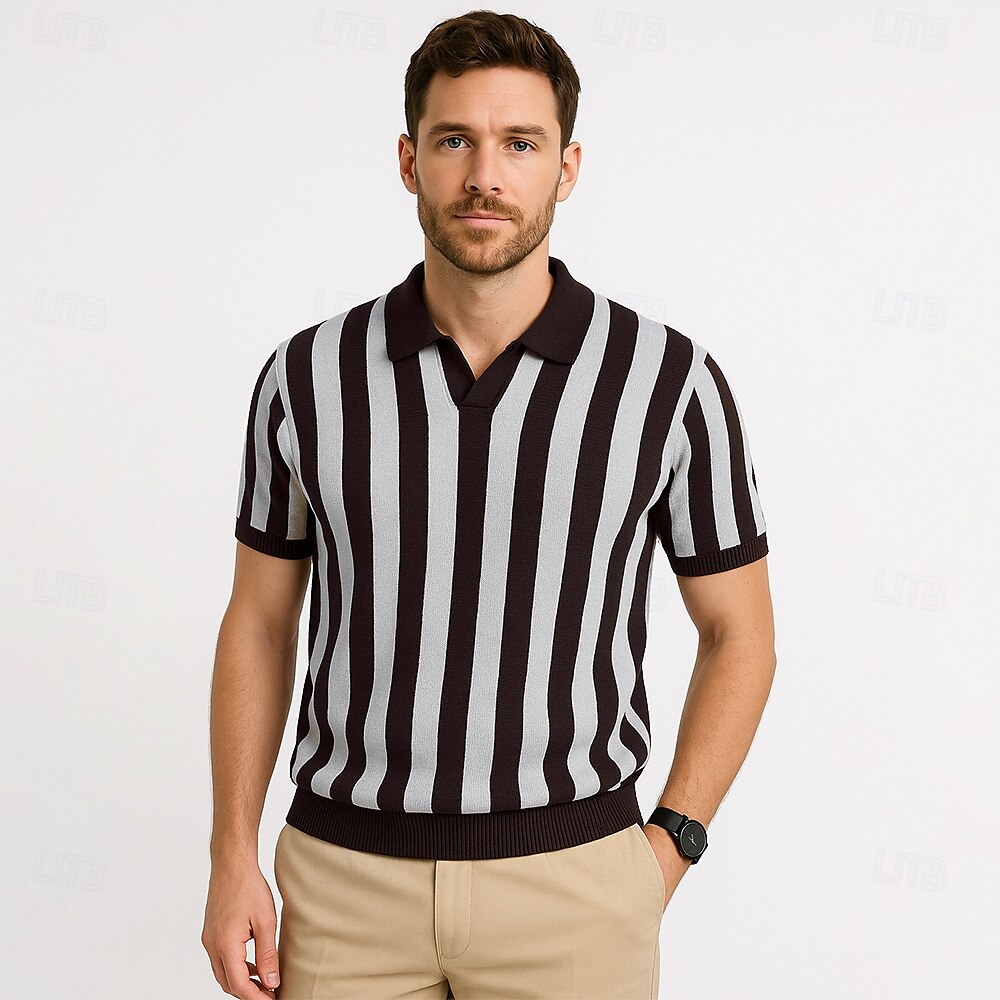 Herren Polo Geschäft Lässig Umlegekragen Kurzarm Gitter Vertikale Streifen V-Ausschnitt Weich Sommer Frühling Herbst Kastanienbraun Dunkelblau Schwarz Dunkelkaffee Polo 2025 - $28.99 –P7