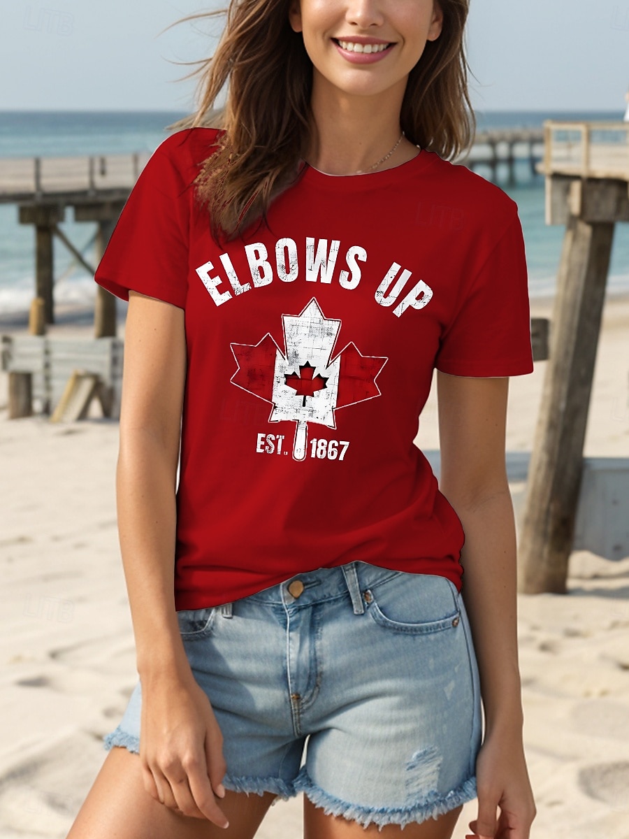 Canada Kvinners T-skjorte grafisk flagg bokstav vintage stilfull avslappet kort erme crew-hals rund hals vanlige topper daglig helg trykk svart og hvit hvit svart svart hvit rød 2025 - $19.99 –P10