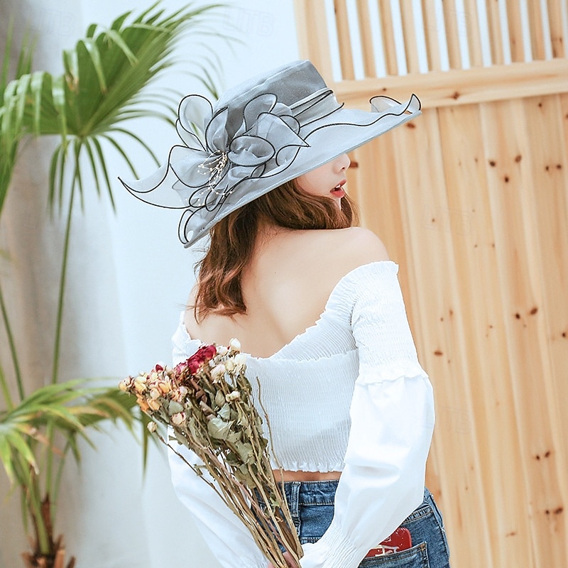 Hatter organza Bryllup Aftenselskap Te Fest Strand Hesteløp Elegant søt stil Solbeskyttelse Med Blomster Hodeplagg Hodeplagg 2025 - $16.99 –P20