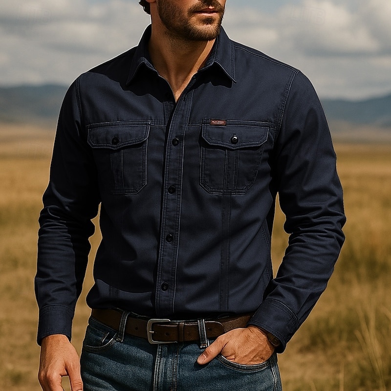 Men's Shirt Summer Shirt Casual Shirt Beach Shirt Button Up Shirt White Navy Blue khaki Gray Long Sleeve Plain Lapel Vacation Hawaiian Pocket Clothing Apparel Polyester Fashion Casual Comfortable 2025 - $22.99 –P4