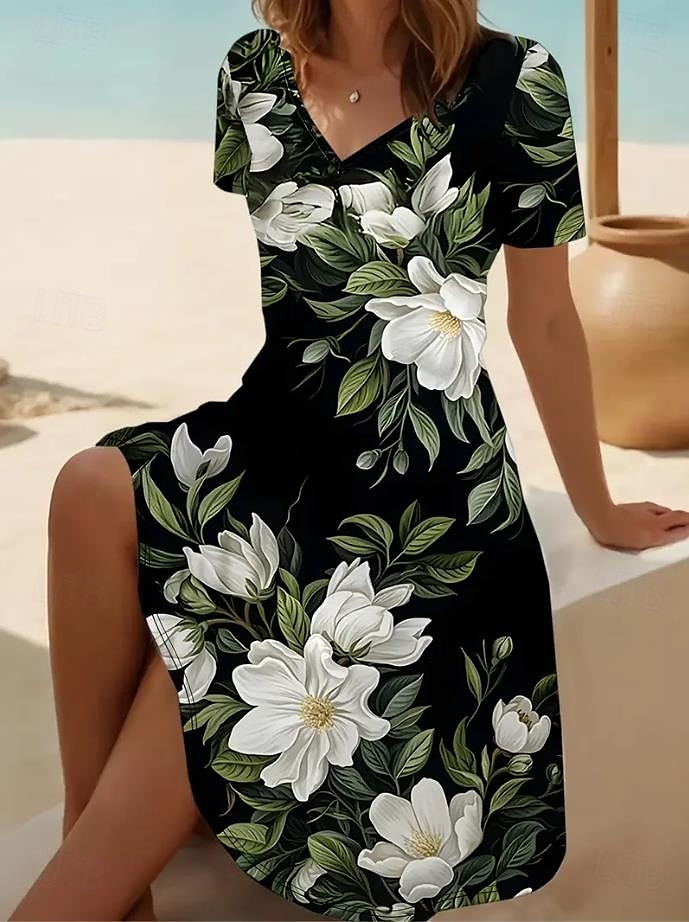 Dame Mini kjole T skjortekjole Solkjole Kjole med A-linje Ferie Fritid Strandstil Ut på byen Strand Standard passform Blomstret Grafisk Kortermet V-hals Dyp Grønn Rød Svart Lilla Sommer 2025 - $23.99 –P1