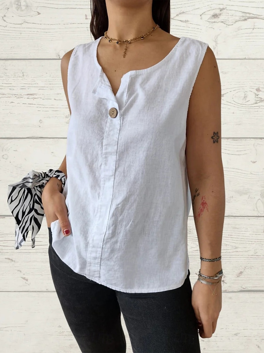 Canotta da Donna Top in Colori Solidali Basic Semplice Senza Maniche Collo a V Top Regolari Vacanza Bottoni Bianco Verde Militare Rosso Beige Estate Primavera del 2025 a $16.99 –P2