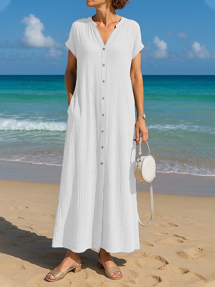 Damskie Sukienka maxi Sukienka letnia Sukienka A line Codzienny Boho Styl plażowy Codzienny Regularny Czyste kolory Krótki rękaw W serek Biały Niebieski Żółtobrązowy Fioletowy Lato 2025 - $24.99 –P1