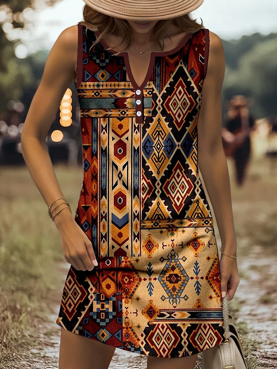 Pentru femei Rochie Mini Rochie de Vară Rochie A line Rochie de vară Rochie cu umeri Casual Concediu Plajă Fit regulat Grafic Tribal Fără manșon În V Galben Roșu-aprins Albastru piscină Mov Var 2025 - $21.99 –P1