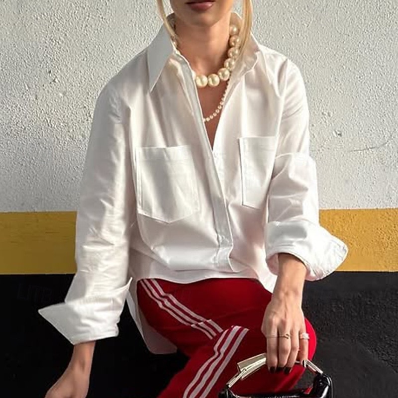 Damen Hemd Bluse Einfach Modern Lässig Langarm Hemdkragen Normale Oberteile Täglich Ferien Ausgehen Knöpfe Tasche Weiß Sommer 2025 - $26.99 –P3