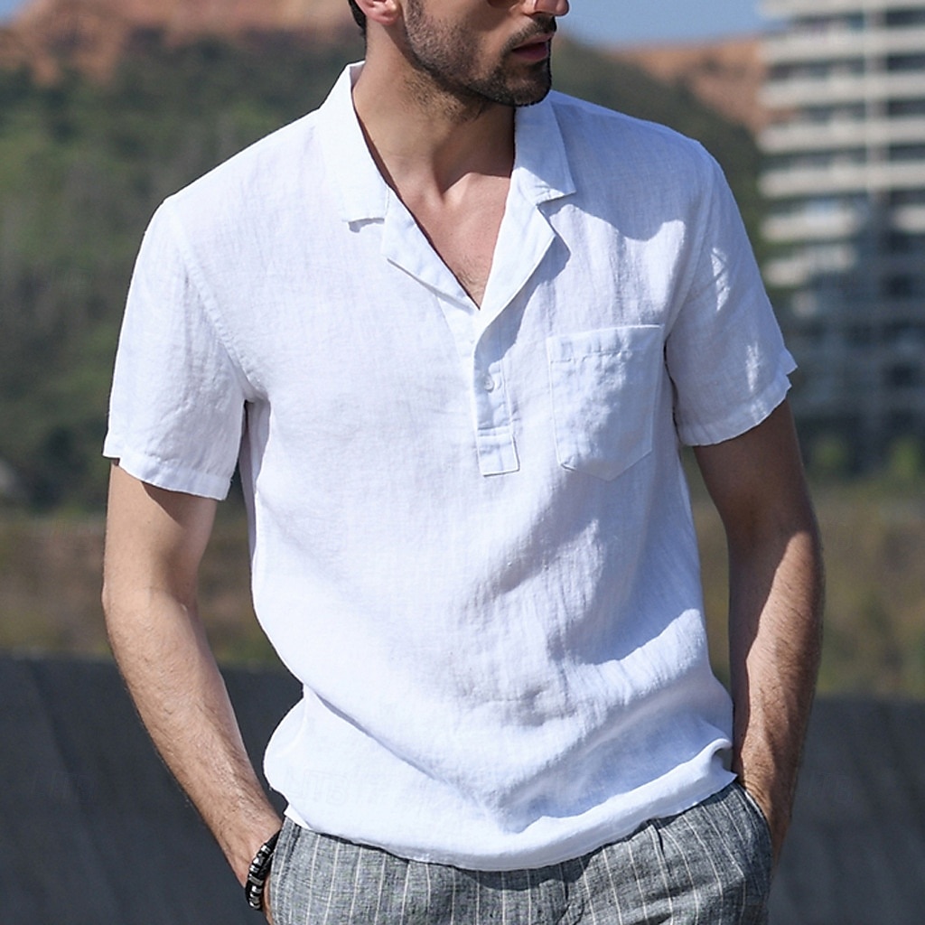 Men's Shirt Linen Shirt Popover Shirt Summer Shirt Beach Wear Casual Shirt Solid Color Vacation Street Black White Yellow Green Short Sleeve Shirt Collar Summer Spring Clothing Apparel Pocket 2025 - $20.99 –P2