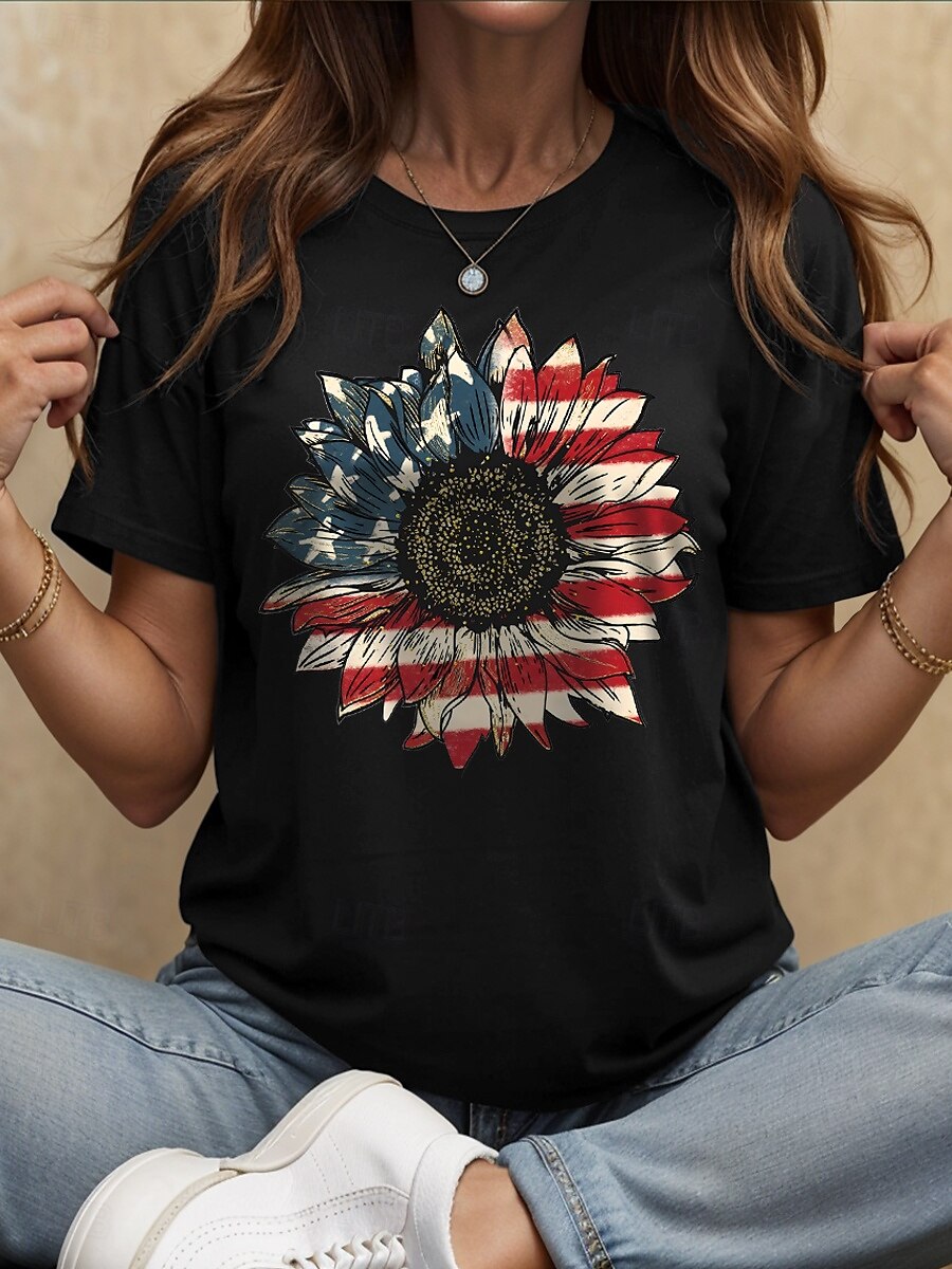 Kvinners patriotiske T-skjorte bomull skjorte grafisk flagg solsikke casual kortermet rund hals vanlige topper daglig trykk svart hvit grå sommer vår 2025 - $19.99 –P5