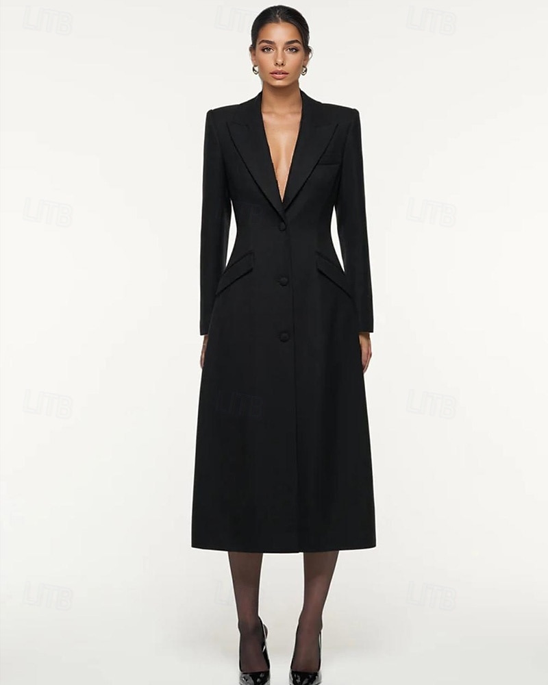 Robe Blazer A-Line Mère de la Mariée Robe Tuxedo Élégante Simple Minimaliste Formelle Col en V Taille Cintrée Longue au Sol Crêpe Élastique Manches Longues Poches à Rabat avec Boutons Recouverts de 2025 ? $149.99 –P1