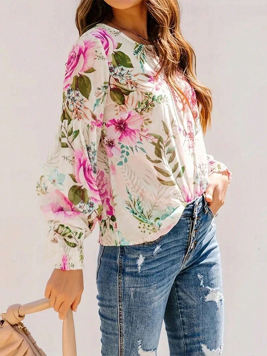 Dames Overhemd Afdrukken Bloemig Tropisch Stijlvol Casual Lange mouw Strakke ronde hals Normale tops Dagelijks Wit Blozend Roze Groen Zomer Lente 2026 - $22.99 –P3