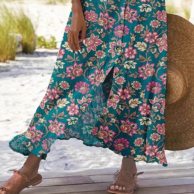 Damen Rock Lässig Boho Maxi Mittlere Hüfthöhe Röcke Blumen Druck Gespleißte Enden Mikroelastisch Urlaub Straße Dunkelgrün Sommer Polyester 2025 - $23.99 –P3
