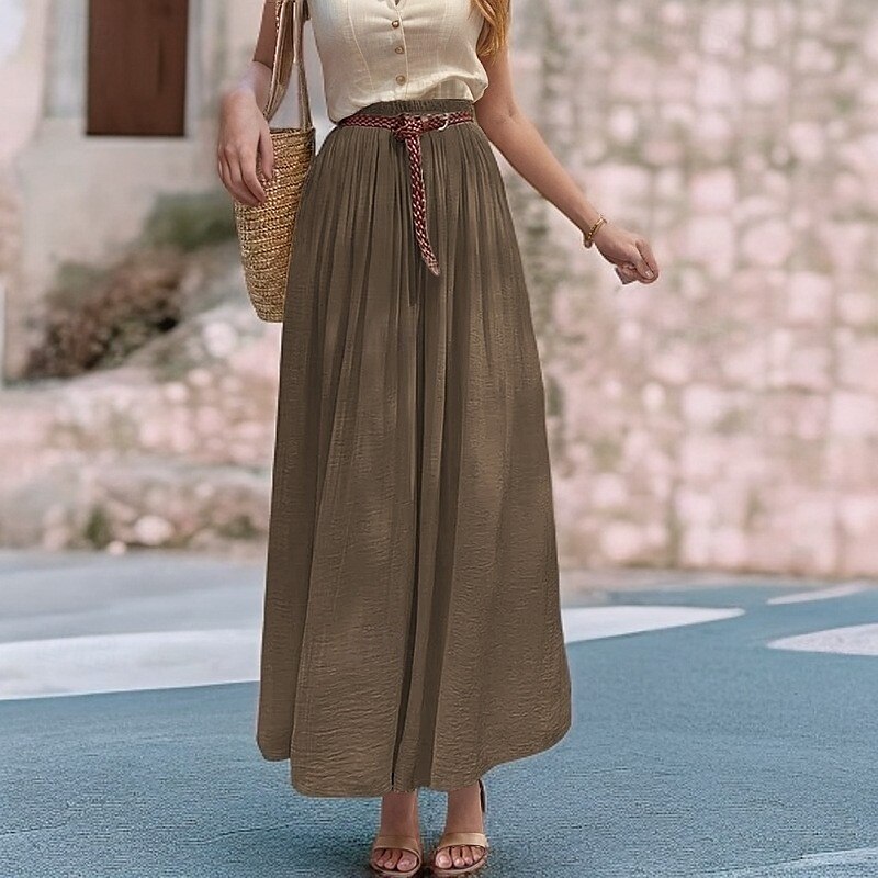 Damen Asiatische Größe Schwingend Leinenröcke Elegant Lässig Midi Hohe Taille Röcke Einfarbig Gerafft Plissiert Fließend Mikroelastisch Urlaub Täglich Wein Schwarz Weiß Rosa Frühling, Herbst, Winter 2025 - $32.99 –P13