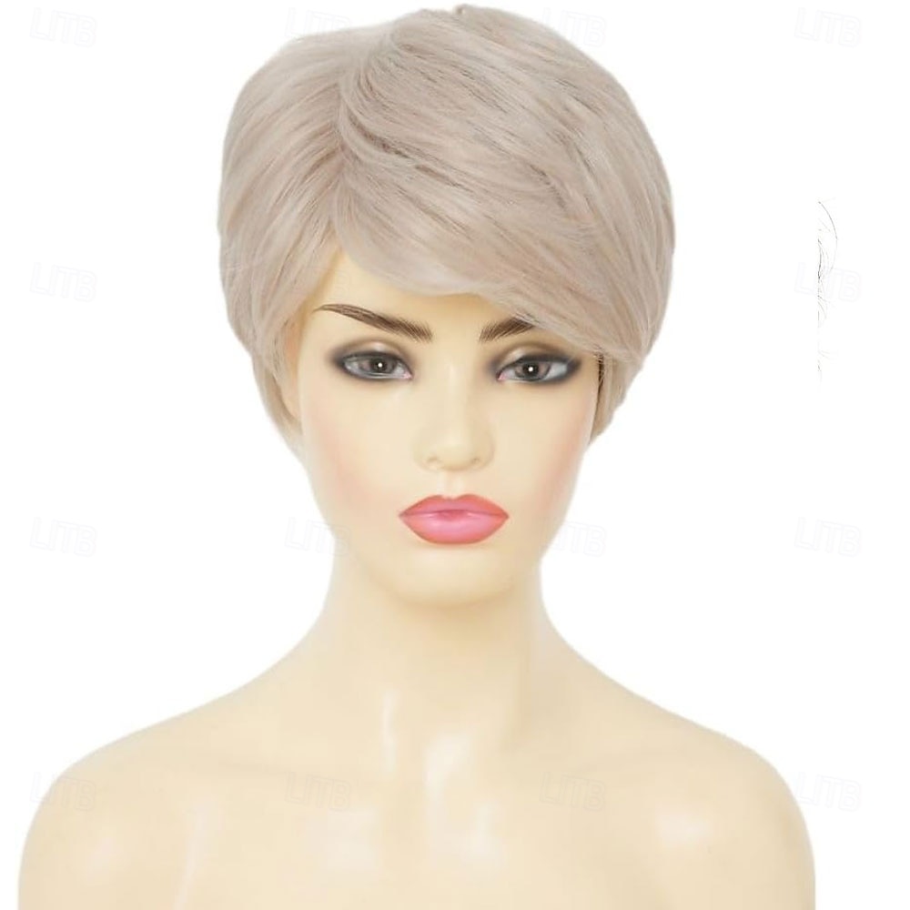 Parrucca da donna corta, bionda, bianca, con taglio pixie, liscia, riga laterale, a strati, in fibra sintetica, ispida, per vecchie signore, per uso quotidiano del 2025 a $25.99 –P2