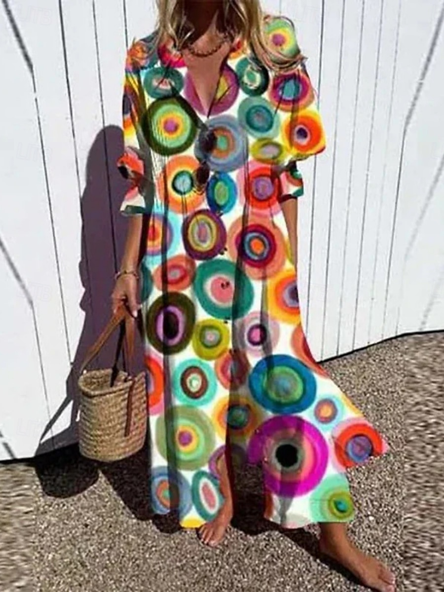 Pentru femei Rochie Maxi Rochie A line Casual În aer liber Ieșire Fit regulat Floral Manșon Lung În V Alb Albastru piscină Portocaliu Trifoi Vară Primăvară 2025 - $46.99 –P1