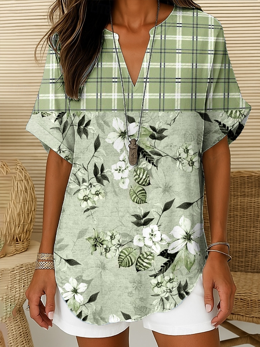 Blouse Femme Col en V Ombre Graphique Floral Élégante Bohème Vintage Manches Courtes Col Noté Hauts Quotidien Vacances Sortie Vert Sauge Blanc Vert Clair Bleu Ciel Rose Pêche Été de 2025 ? $24.99 –P5