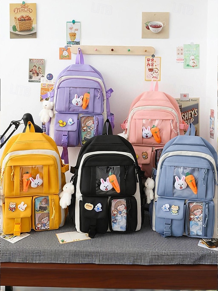 damski 6-częściowy uroczy plecak kawaii z przezroczystymi kieszeniami z przodu, przypinkami z kreskówek i pluszowymi zawieszkami, lekka nylonowa torba szkolna dla nastoletnich dziewcząt, do codziennego użytku na uczelnię 2026 - $34.99 –P3