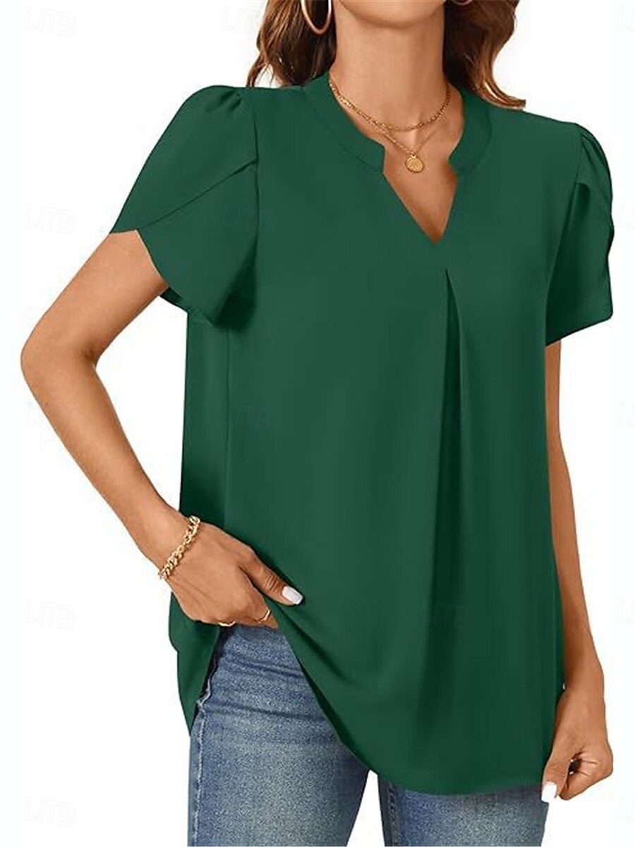 Femmes Chemisier Couleur Unie Élégant Basique Occasionnel Manche Courte Col en V Hauts Réguliers Quotidien Noir Blanche Bleu Vert Abricot Été de 2025 ? $19.99 –P17